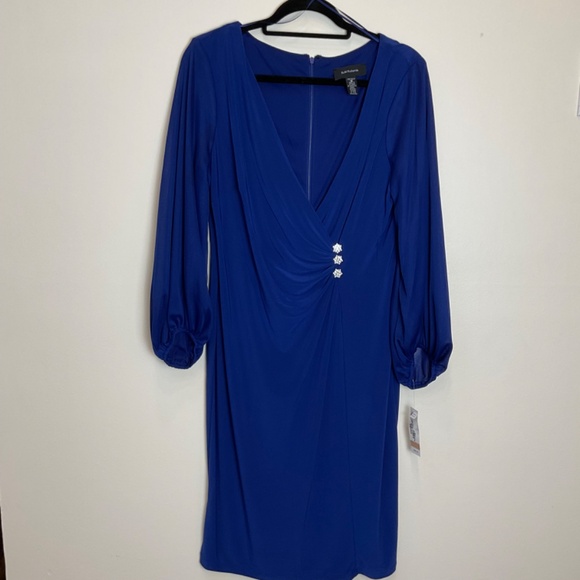 R&M Richards long sleeve blue cocktail formal wedding guest dress size 12 - Picture 2 of 9